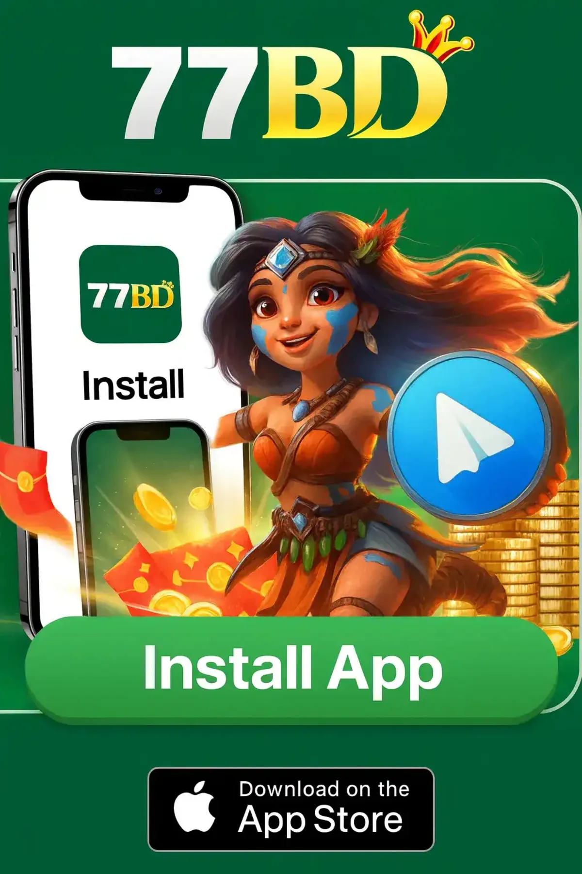 A promotional image for the 77BD app, featuring a tribal-style female character, a smartphone with the install screen, and a Download on the App Store button.