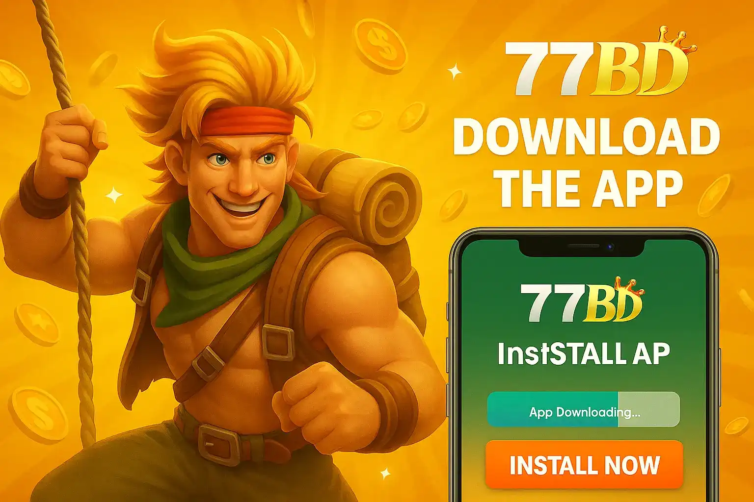 An adventurer character invites you to download the 77BD app in this promotional image, pointing to a smartphone screen with an Install Now button.