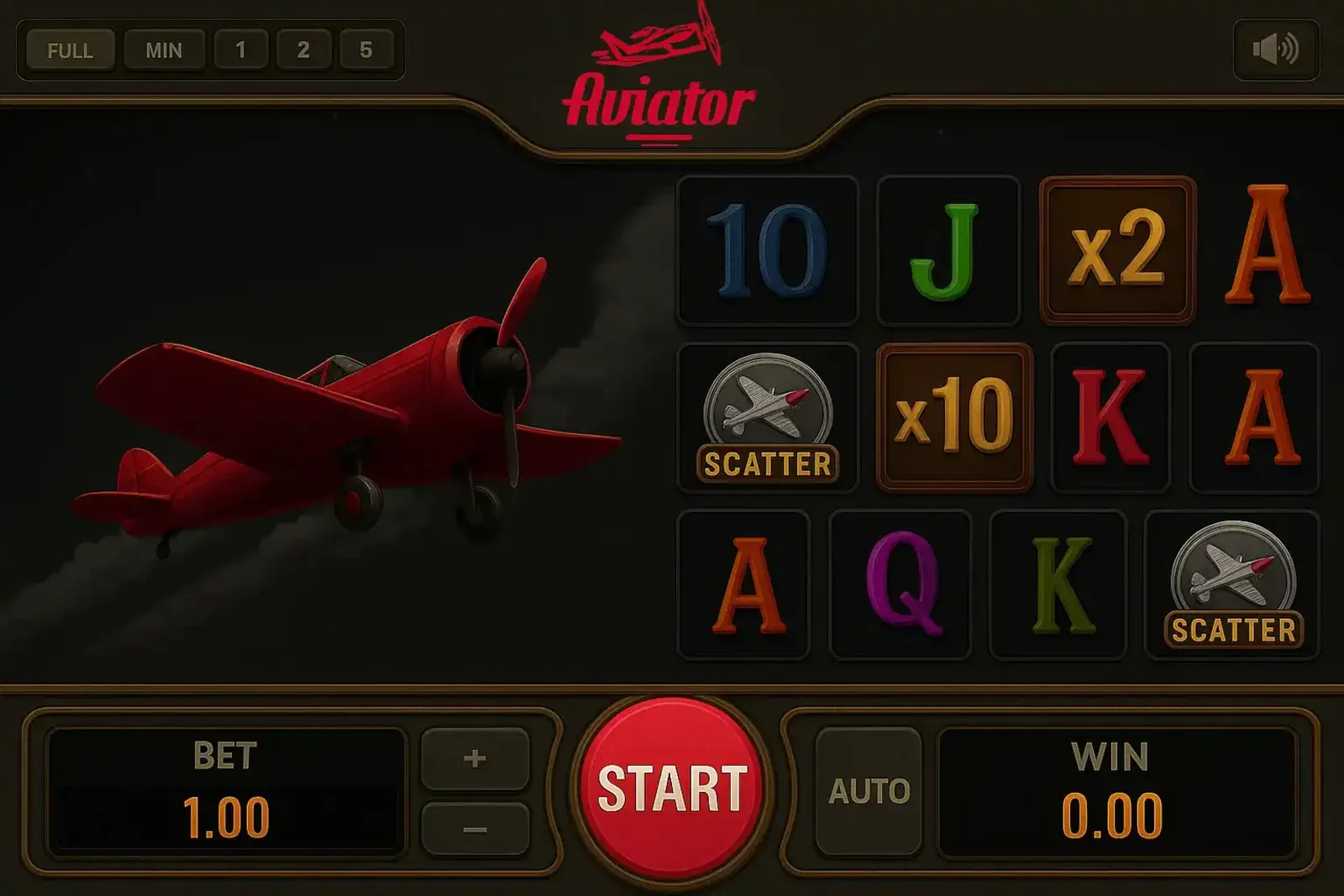 A screenshot of the Aviator slot game interface at 77BD, displaying the game reels with symbols, the iconic red airplane, and the main control buttons.