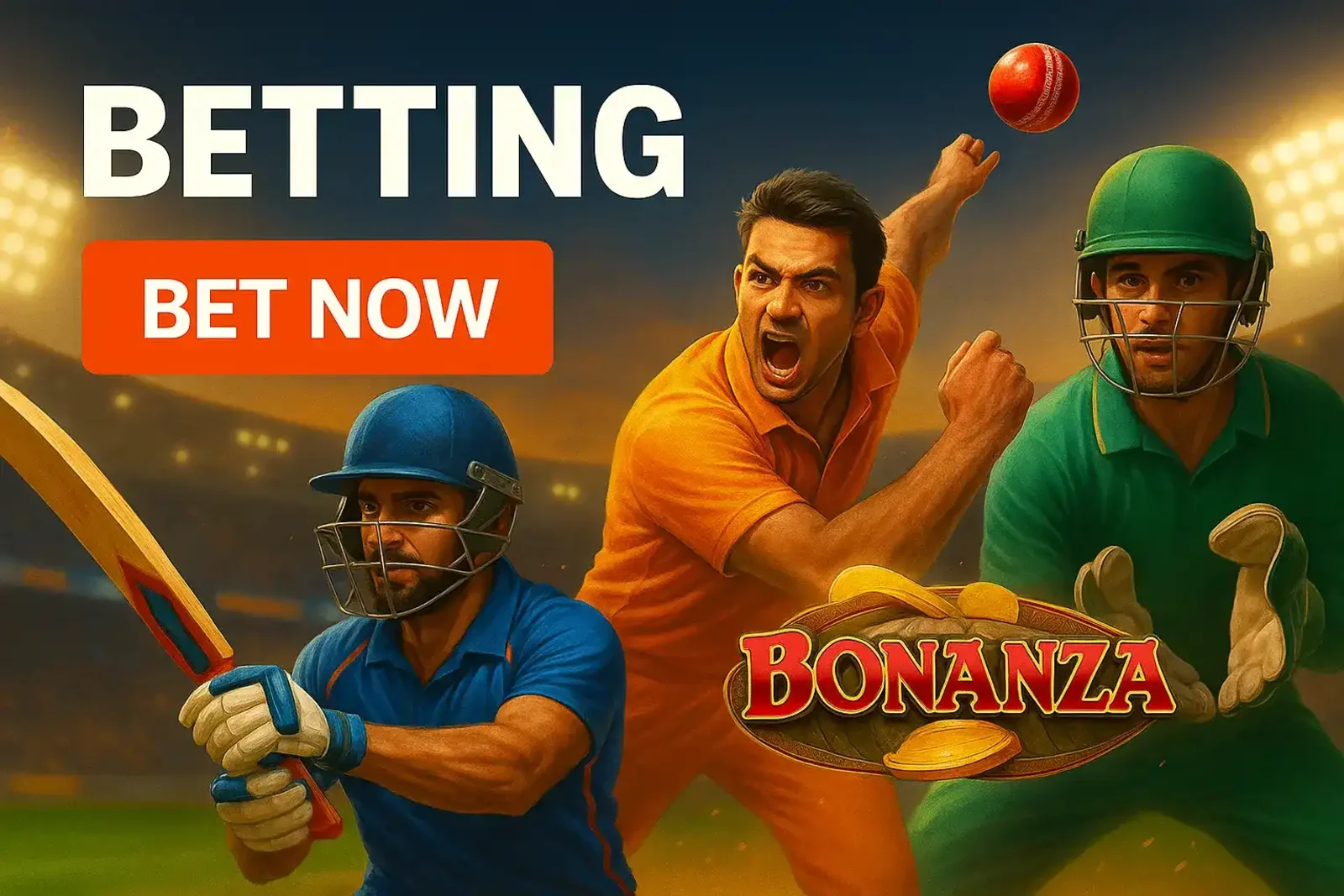 An intense cricket betting promotion for 77BD, featuring three players in a stadium during a match with the text Betting Bonanza and a Bet Now button.