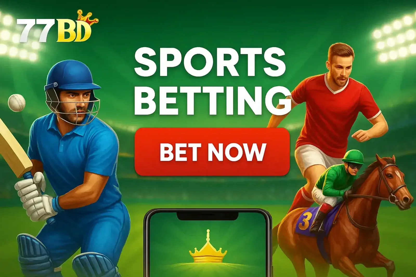 A promotional banner for 77BD Sports Betting, featuring athletes from cricket, football, and horse racing with a clear Bet Now call-to-action button.