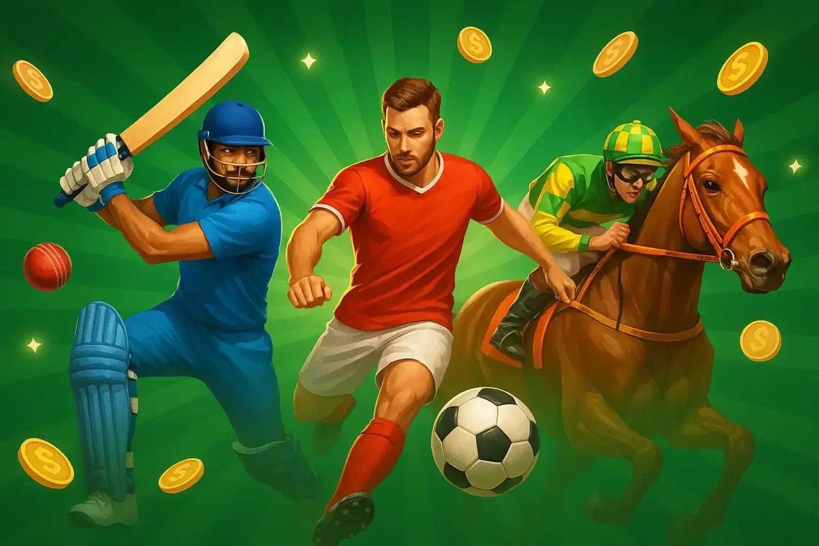 An exciting montage of popular sports for betting at 77BD, showing a cricket batsman, a football player, and a jockey in the middle of the action.