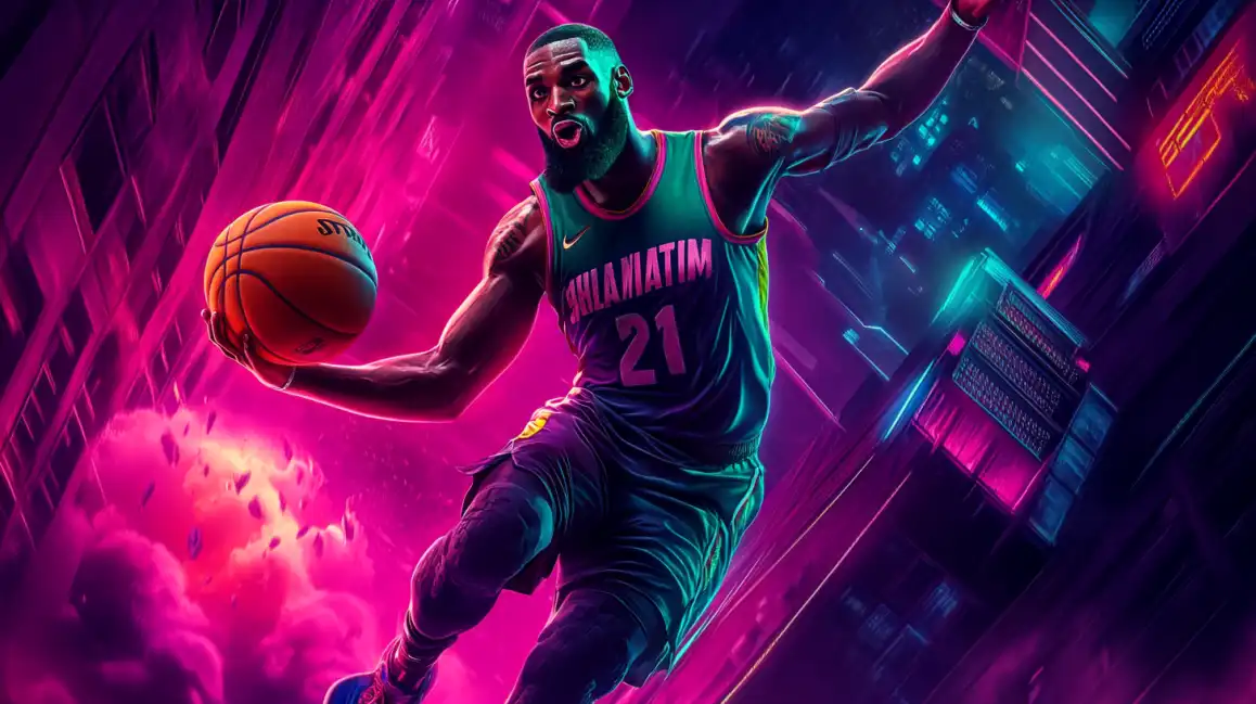 Basketball player in cyberpunk neon environment with purple and pink lighting effects