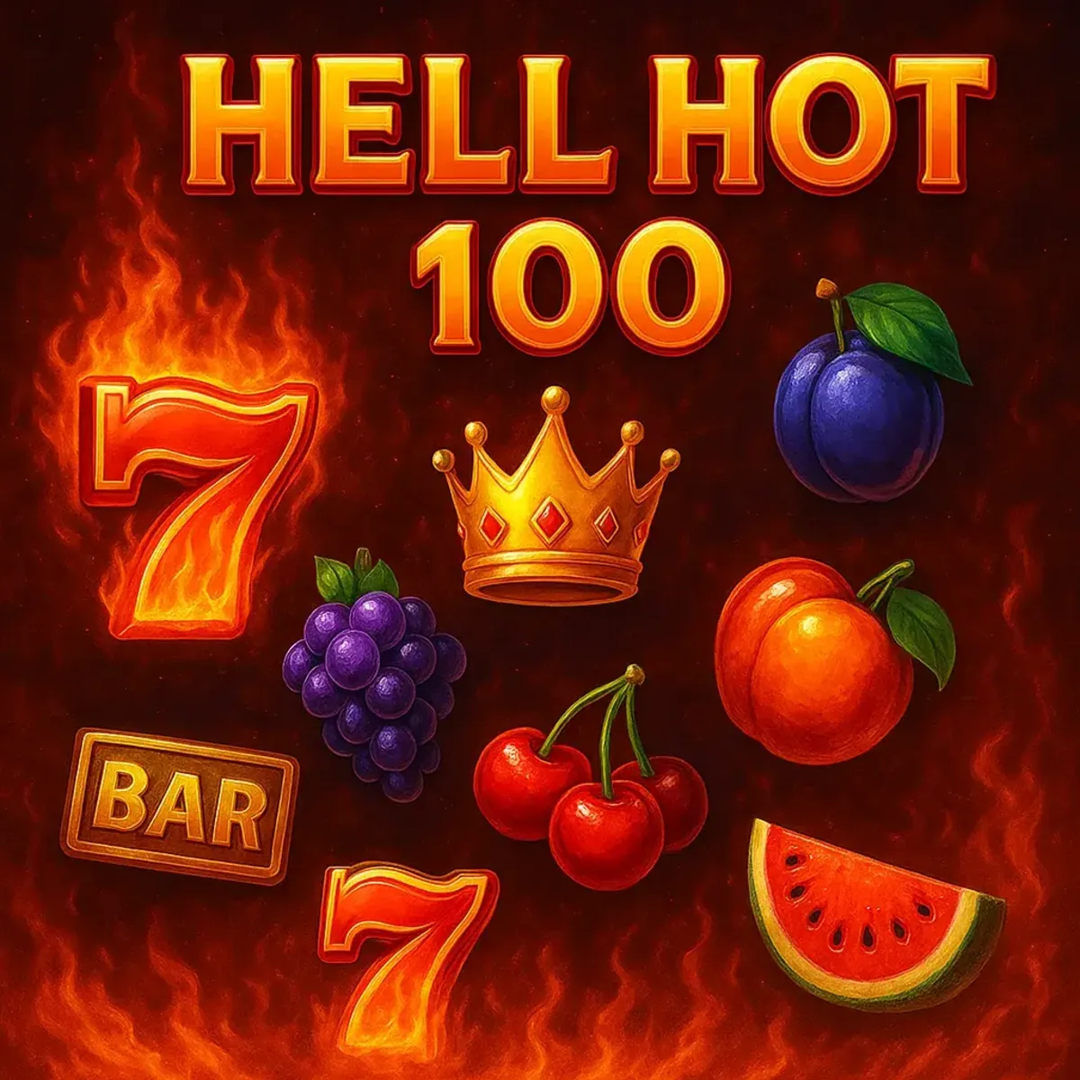 Hell Hot 100 slot game screen with burning sevens, fruit symbols and golden crown, showcasing retro casino style and high volatility gameplay