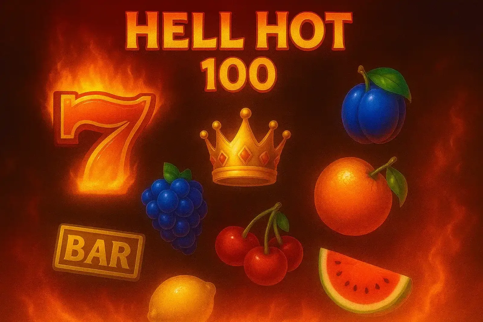 Classic Hell Hot 100 slot symbols with flaming sevens, crown, fruits and bar icons on a fiery background, representing traditional hot slot gameplay