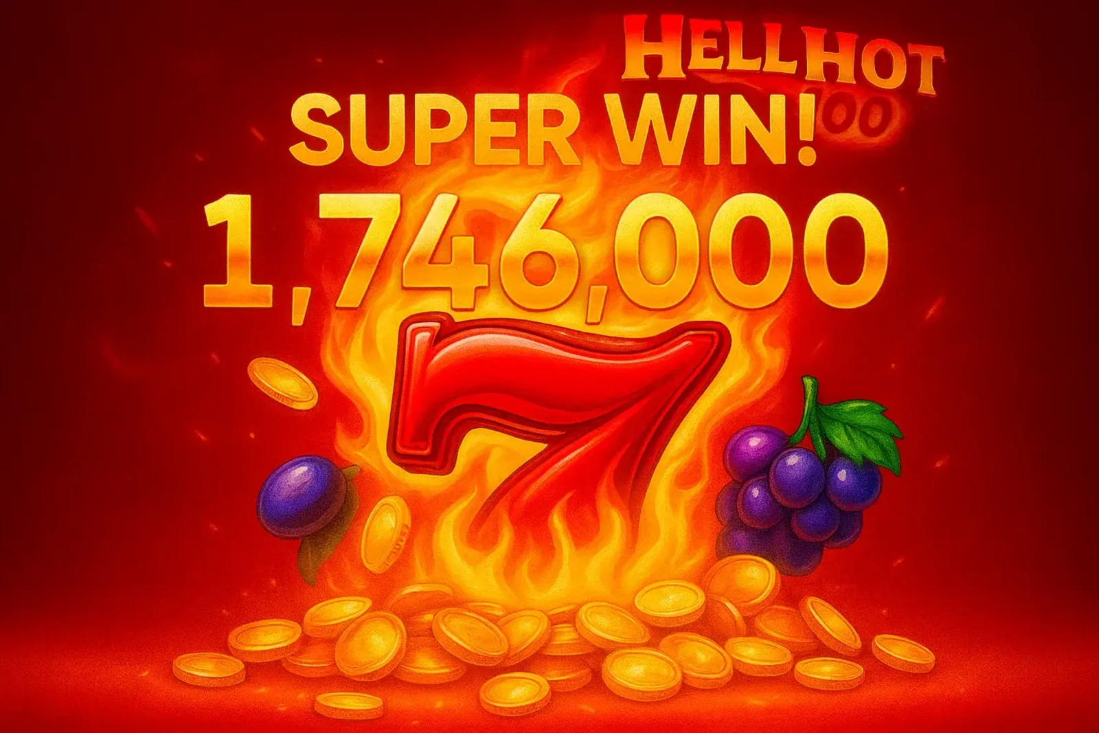 Hell Hot 100 super win screen with flaming seven symbol, gold coins and big payout amount, representing massive win in classic hot slot game
