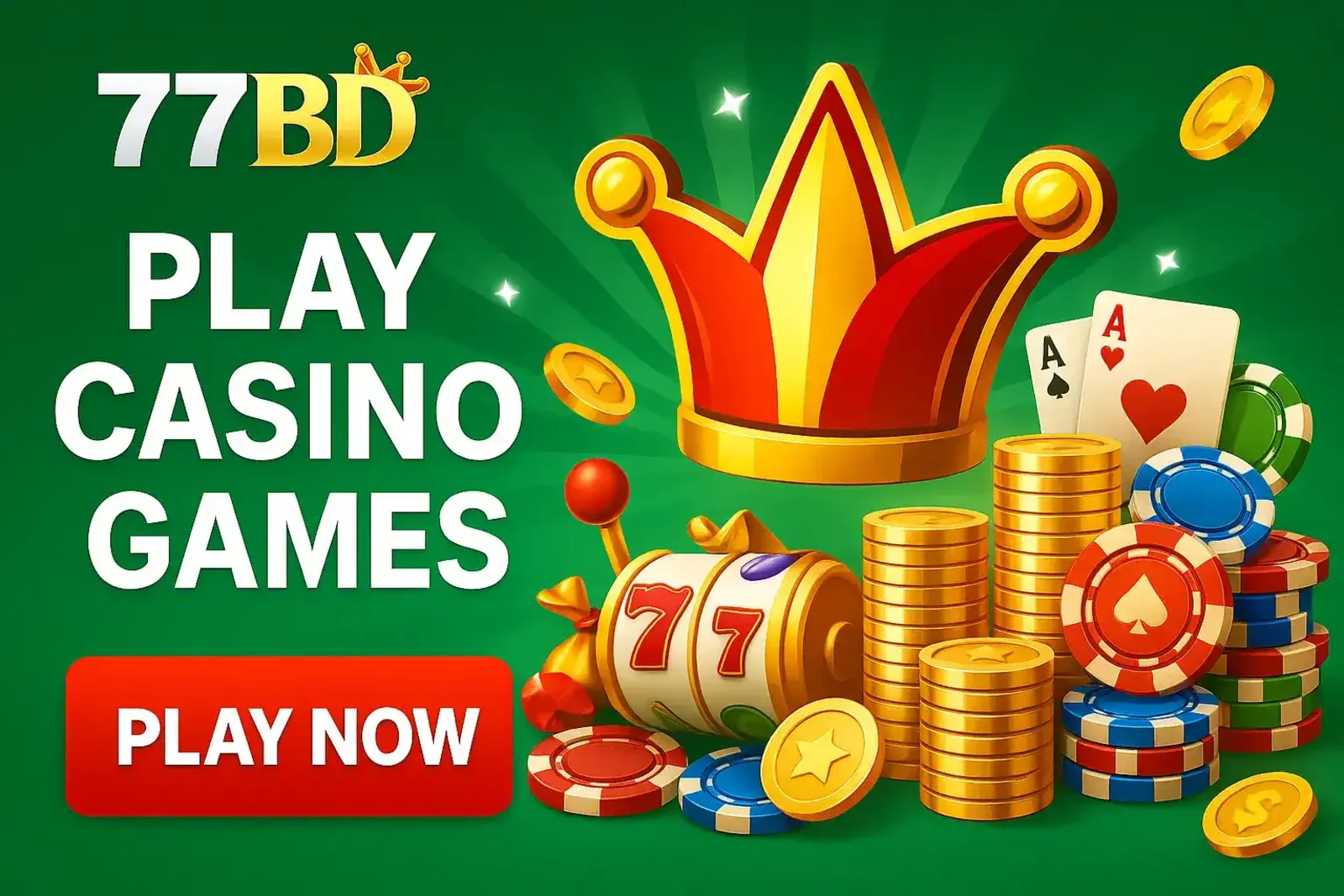 A colorful banner for 77BD Casino Games, showcasing a jester's crown, a slot machine, playing cards, and stacks of coins to represent the variety of games.