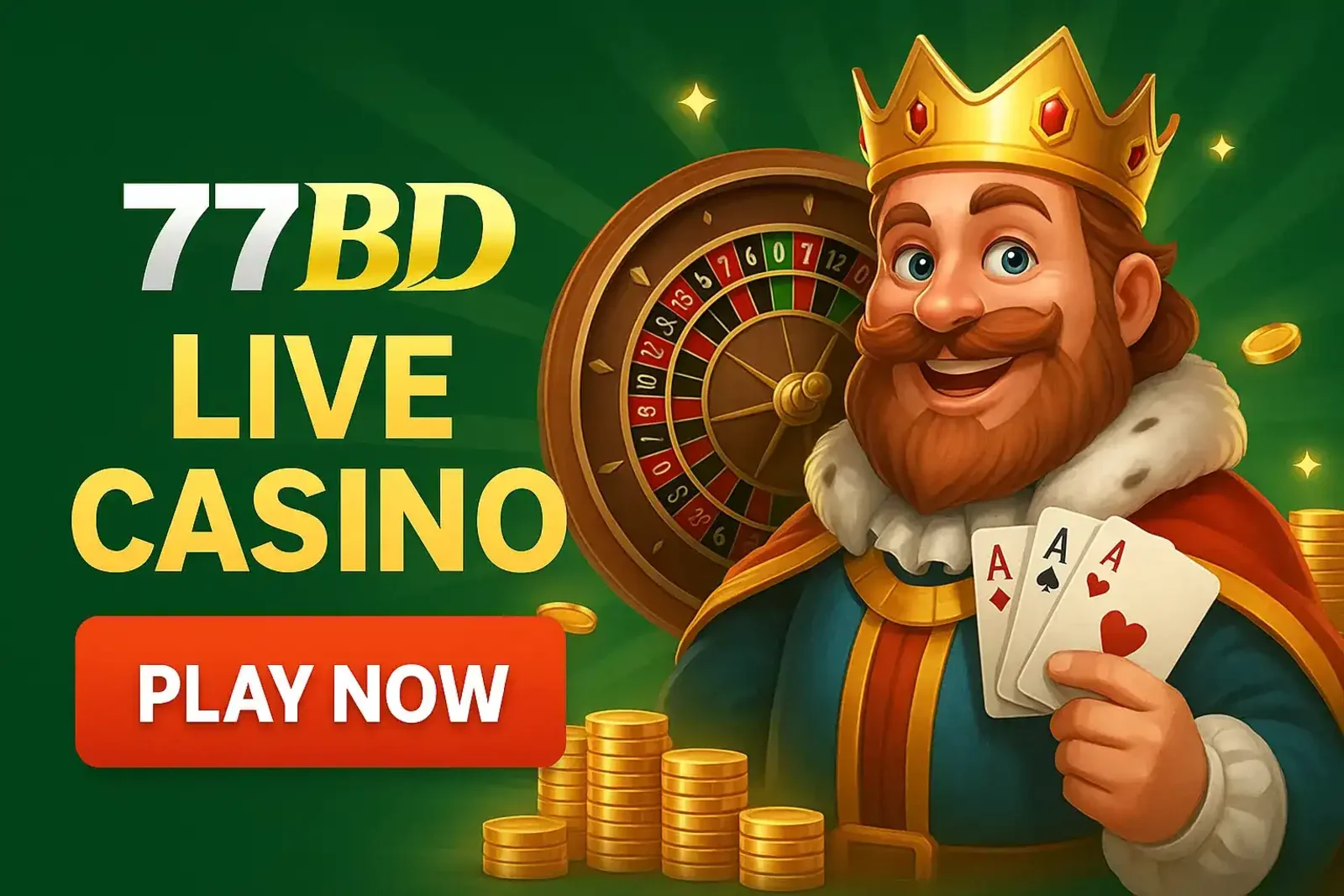 A welcoming banner for the 77BD Live Casino, featuring a friendly cartoon king holding three aces in front of a roulette wheel, encouraging players to join.