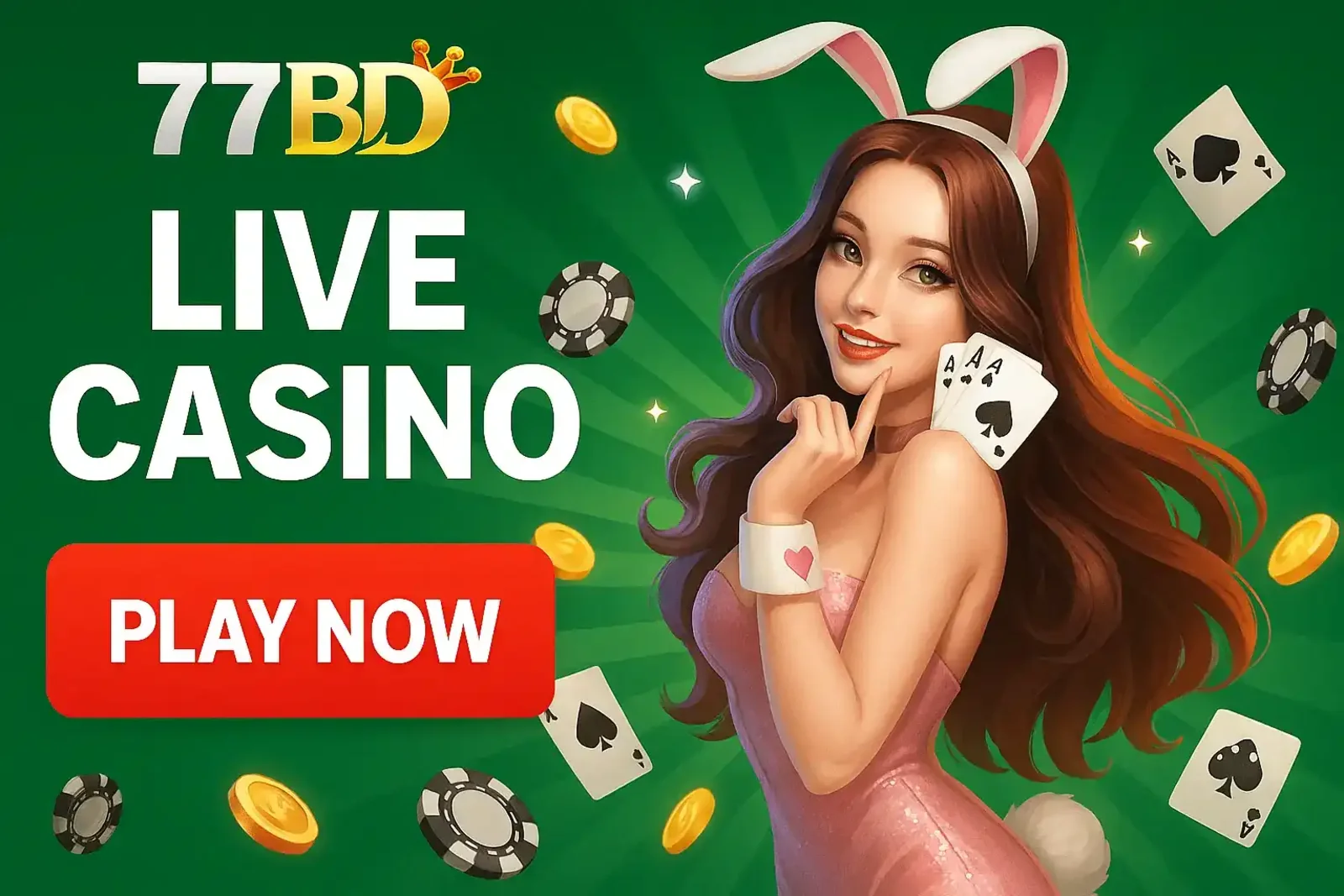 A glamorous promotional banner for the 77BD Live Casino, featuring an attractive female dealer in a bunny costume holding winning cards, inviting users to Play Now.