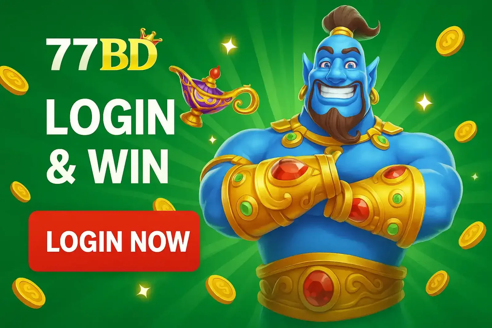 A 77BD promotional image with a powerful blue genie from a magic lamp, inviting existing players to Login and Win with the Login Now button.