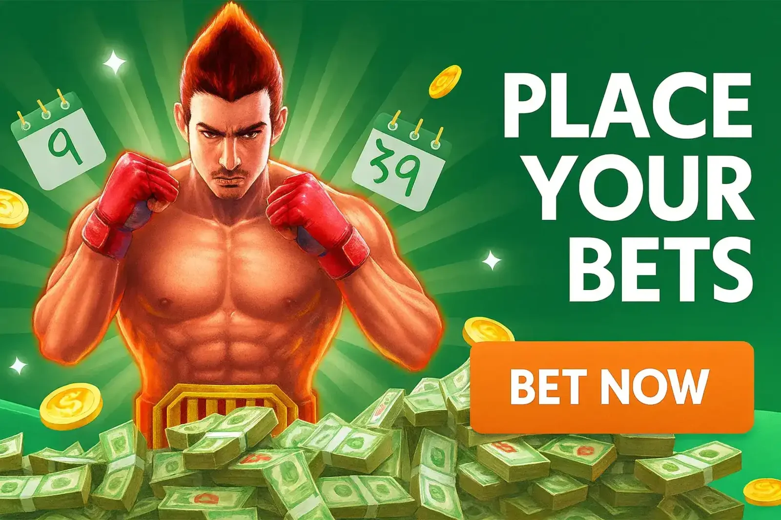 A dynamic advertisement for 77BD sports betting, showing a muscular boxer in front of stacks of cash with the call to action to Place Your Bets.