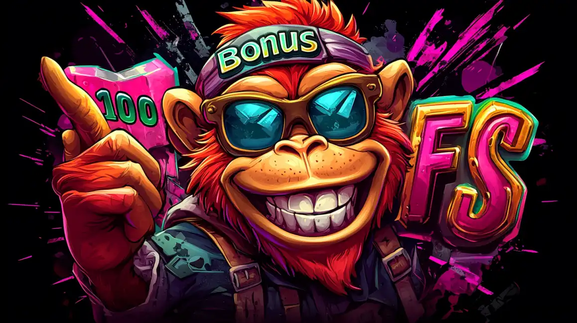 Cool monkey character with sunglasses advertising 100 bonus and free spins casino promotion