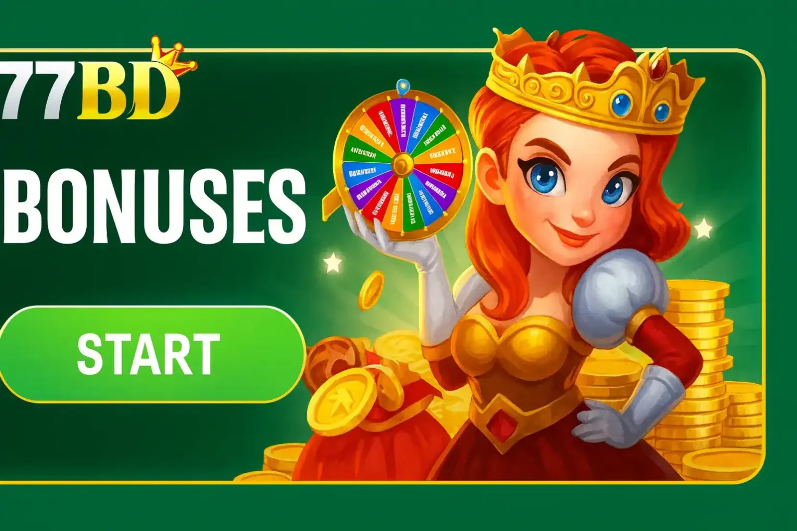 A smiling cartoon queen holds a colorful prize wheel, inviting players to Start winning with the exciting bonuses and promotions offered by 77BD.