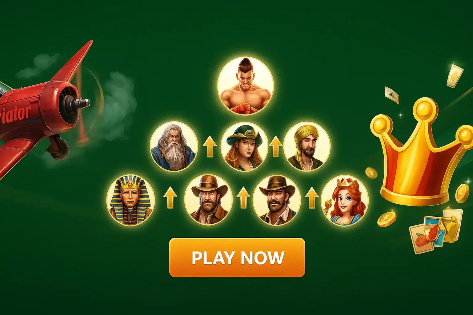 A diverse collection of game characters, including the Aviator plane, are displayed to showcase the wide variety of gaming options available at 77BD.