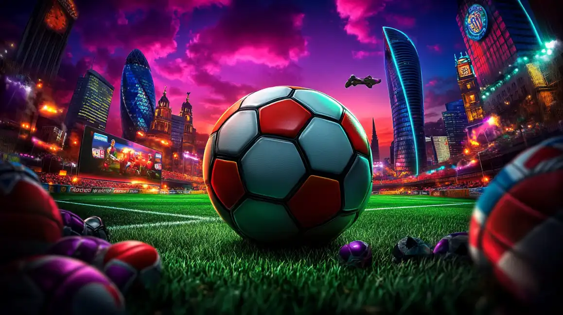 Soccer ball on stadium field with dramatic city skyline and purple sunset for sports betting