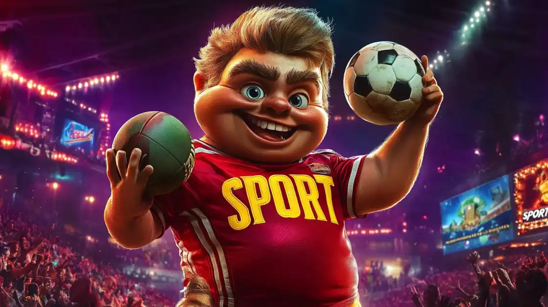 Cartoon sports mascot holding soccer ball and basketball in packed stadium for sports betting