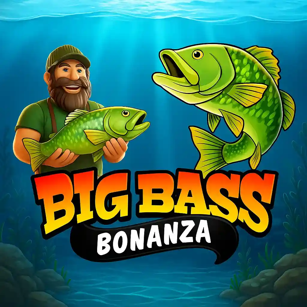 Big Bass Bonanza fishing themed slot game with smiling fisherman holding green bass fish underwater with jumping bass in background