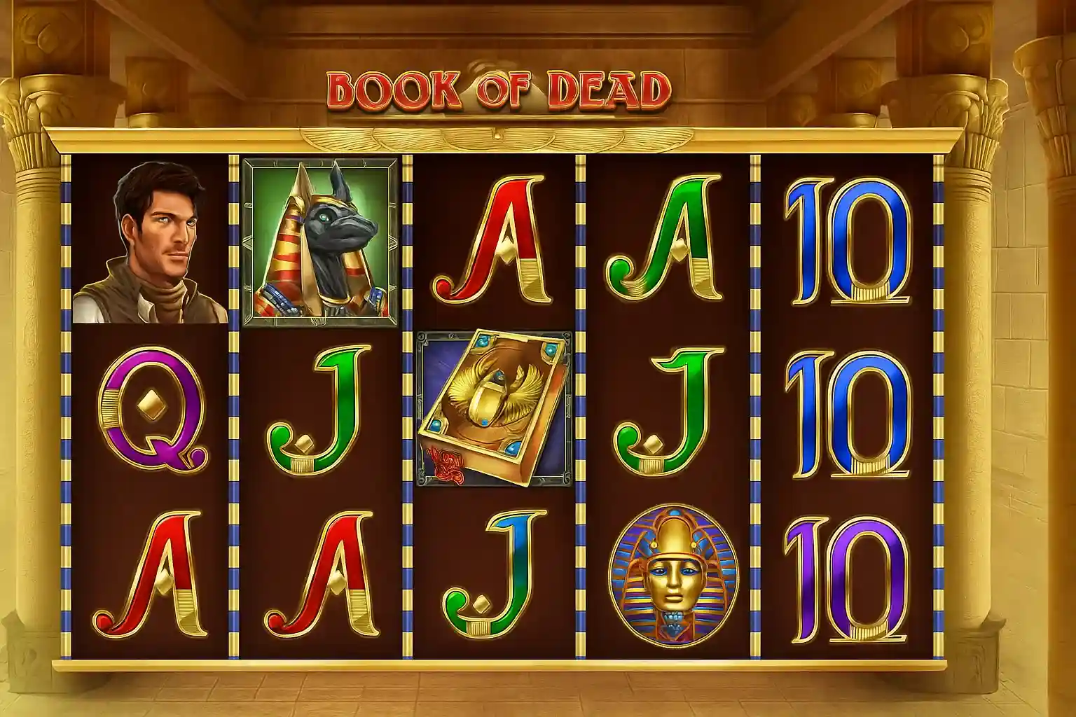 Book of Dead Egyptian themed slot game with adventurer character, Anubis god, pharaoh symbols, playing card values and ancient temple setting