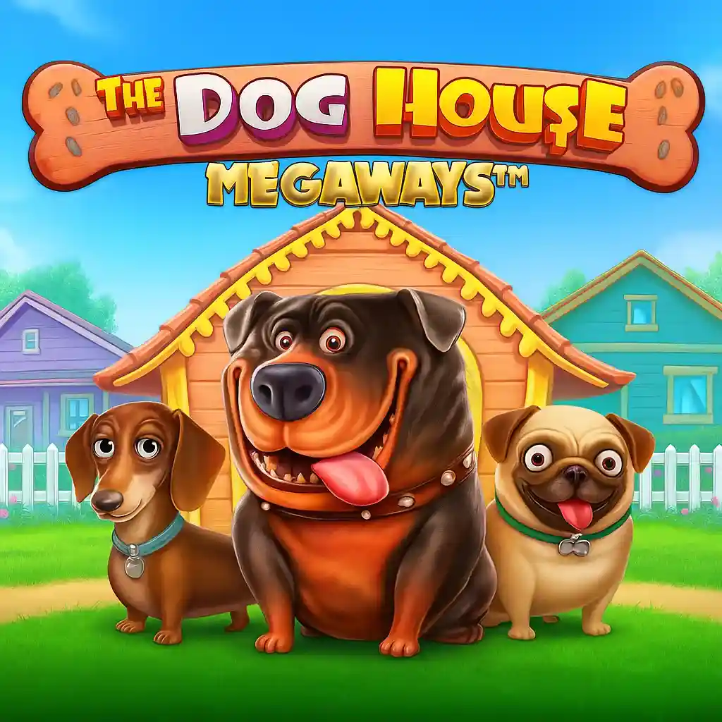 The Dog House Megaways slot game with cute dogs including dachshund, rottweiler and pug in front of colorful dog house and suburban neighborhood
