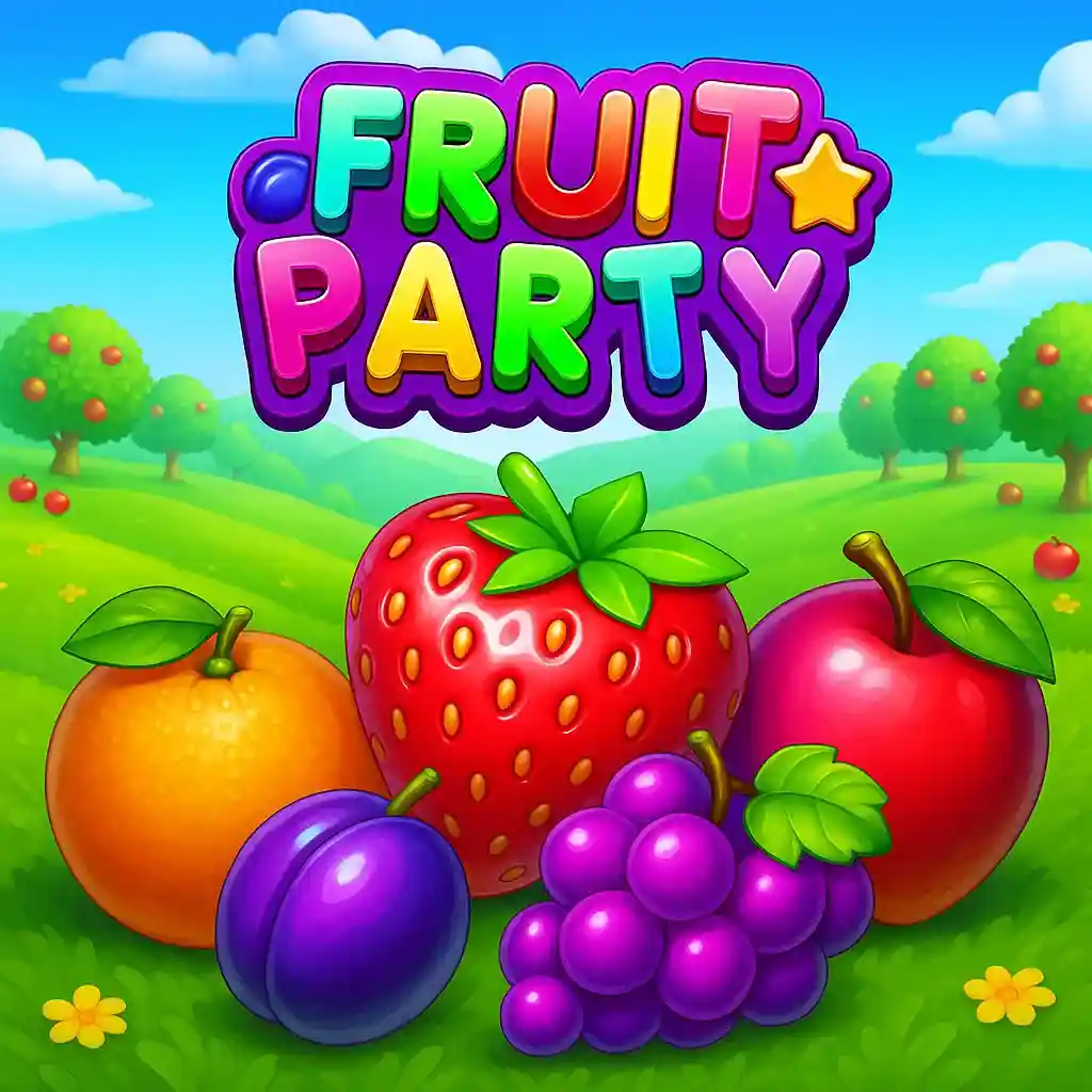 Fruit Party slot game with vibrant fruits including orange, strawberry, plum, grapes on green countryside background with fruit trees