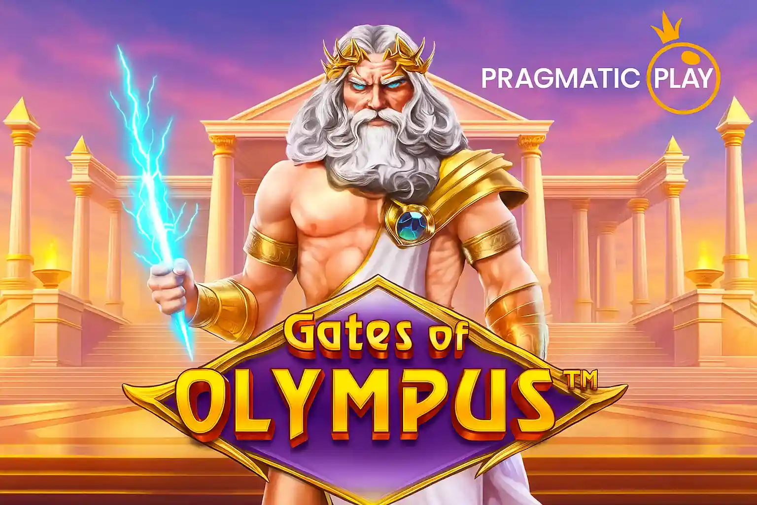 Gates of Olympus slot game featuring mighty Zeus god with lightning bolt, golden crown and ancient Greek temple columns in background