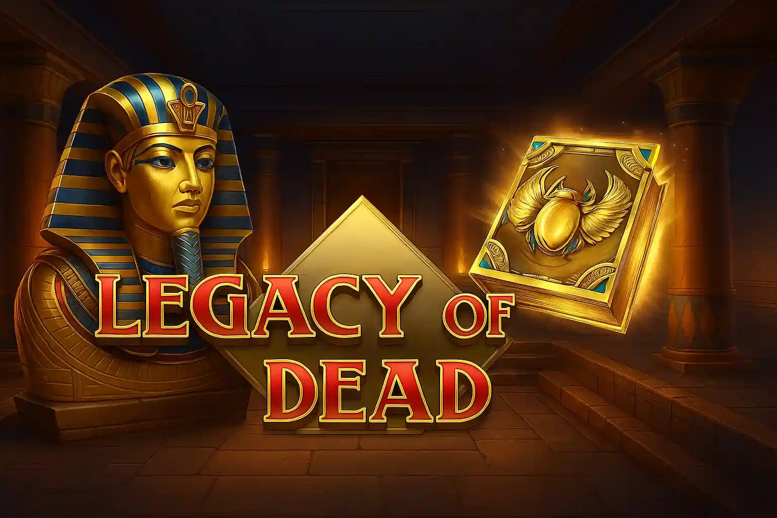 Legacy of Dead Egyptian slot game with golden pharaoh sarcophagus, winged scarab beetle symbol and ancient pyramid tomb setting