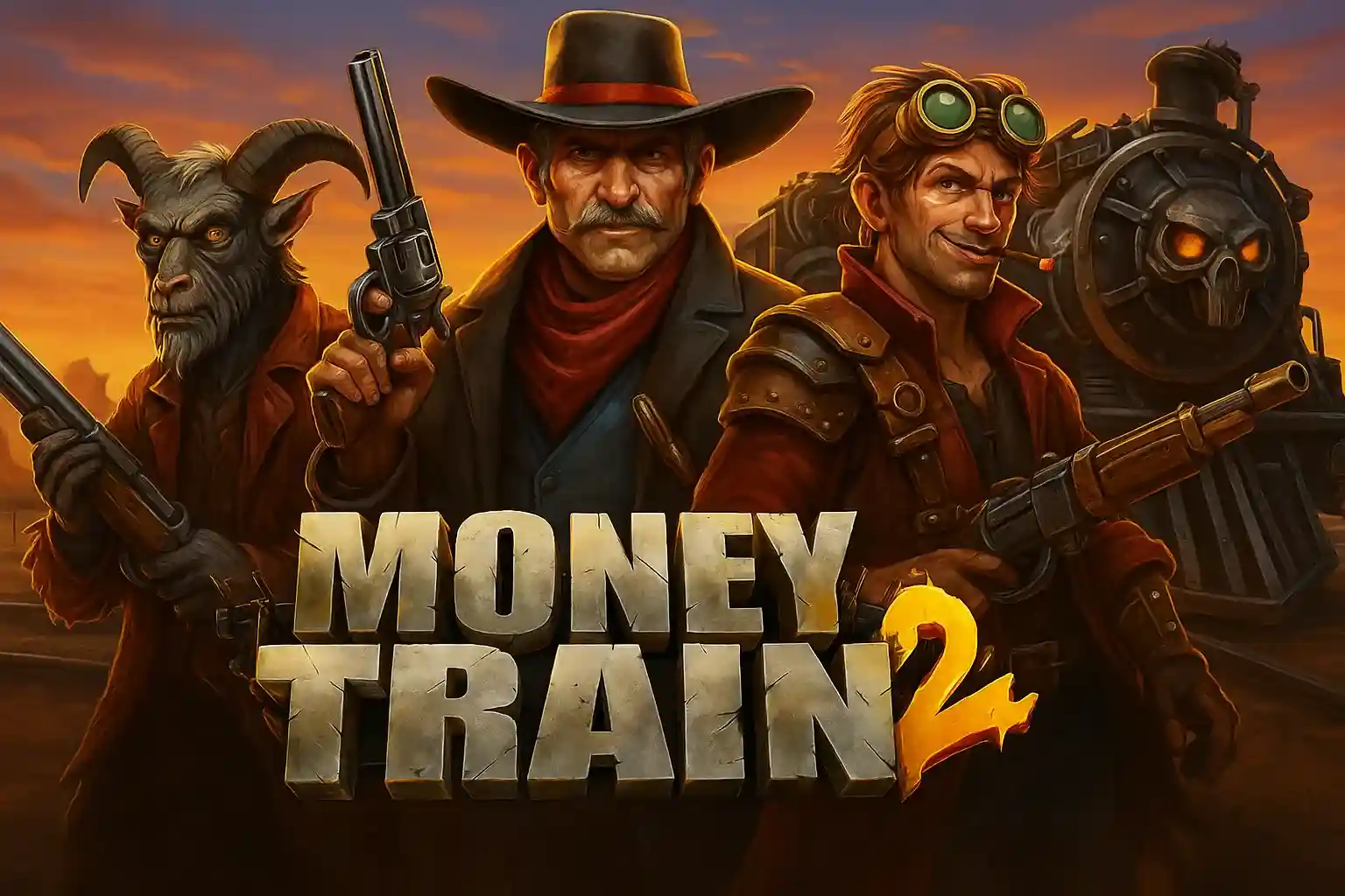 Money Train 2 western themed slot game with cowboy characters, demon, steampunk engineer and armored figure with weapons in desert sunset