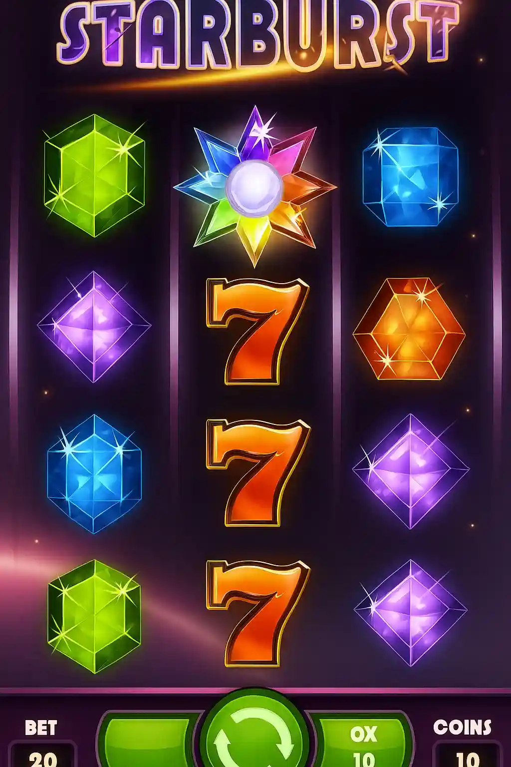 Starburst slot game interface with colorful gems including green emerald, purple diamonds, blue sapphires, orange sevens and rainbow starburst symbol