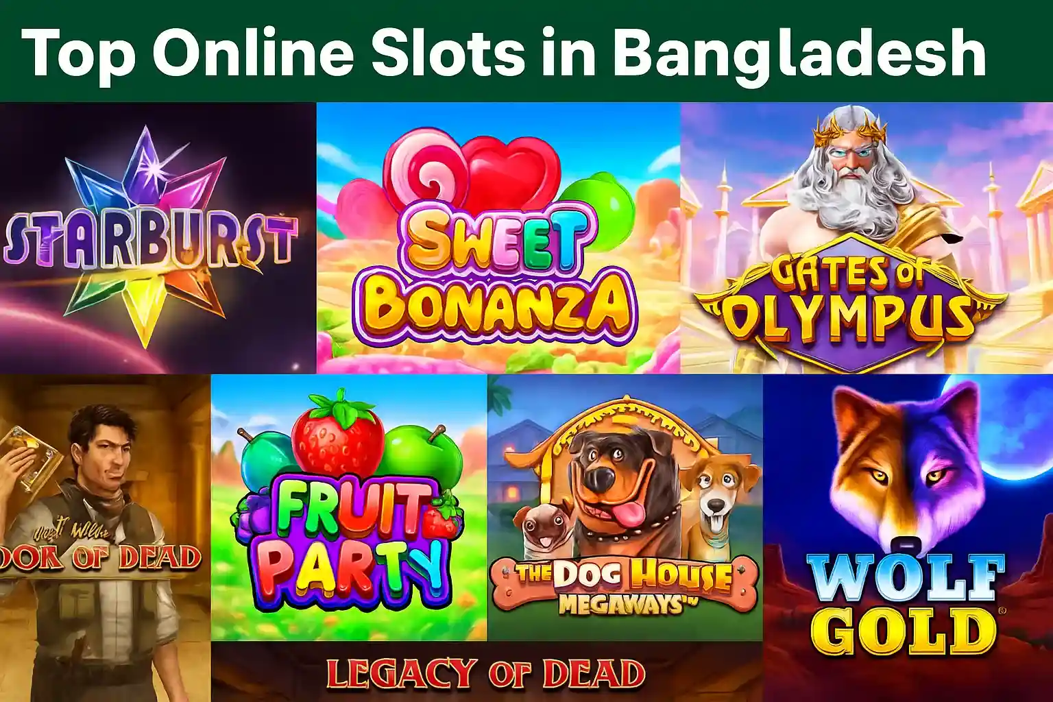 Top online slots in Bangladesh featuring Starburst, Sweet Bonanza, Gates of Olympus, Book of Dead, Fruit Party, The Dog House Megaways, Wolf Gold and Legacy of Dead games