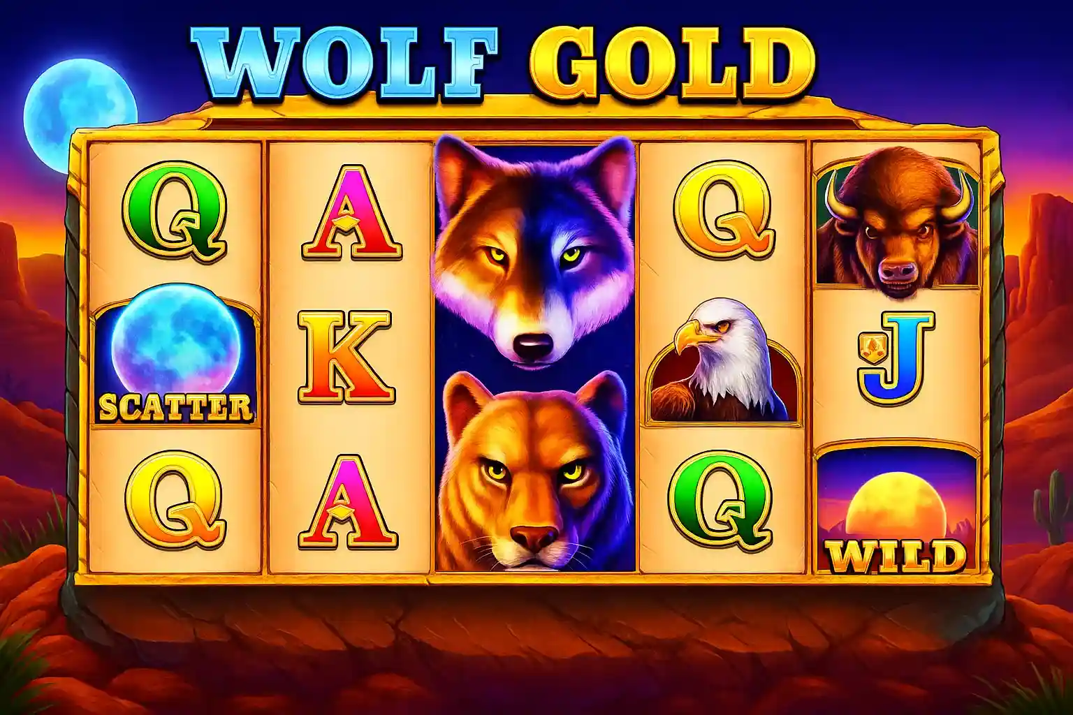 Wolf Gold slot game interface showing wolf, lion, eagle, buffalo symbols with scatter, wild and playing card values in desert canyon setting