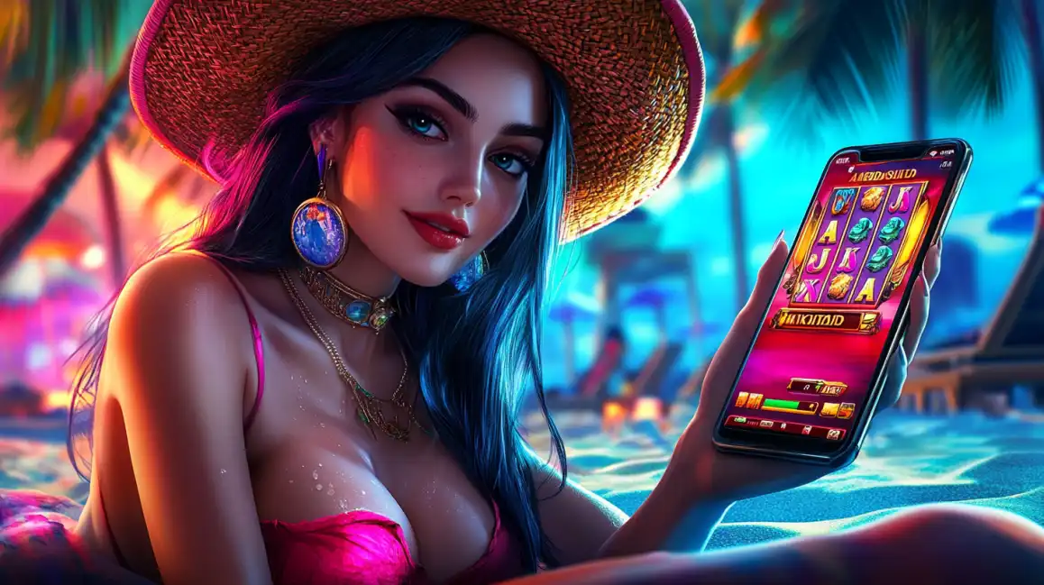 Beautiful woman in straw hat playing mobile slot game by tropical pool with colorful lighting